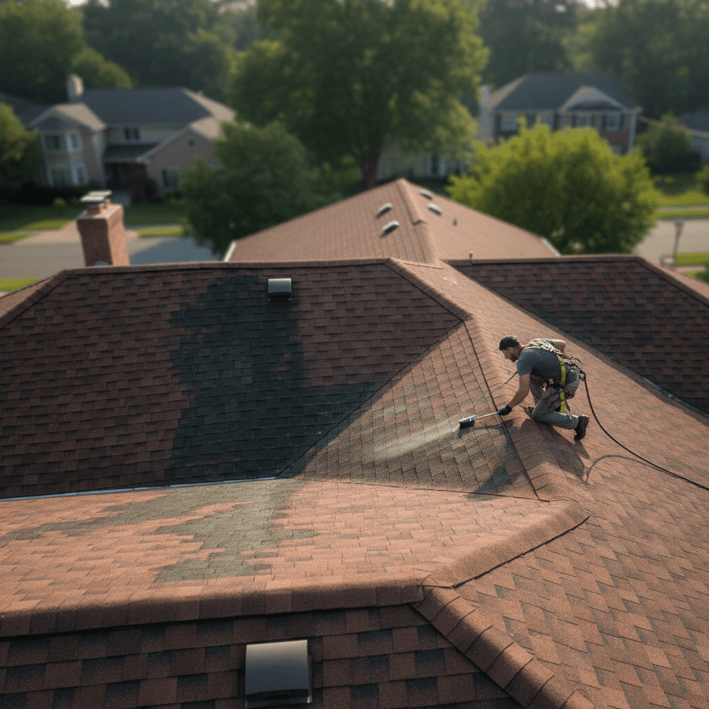 Technician performing soft washing on residential roof with algae staining