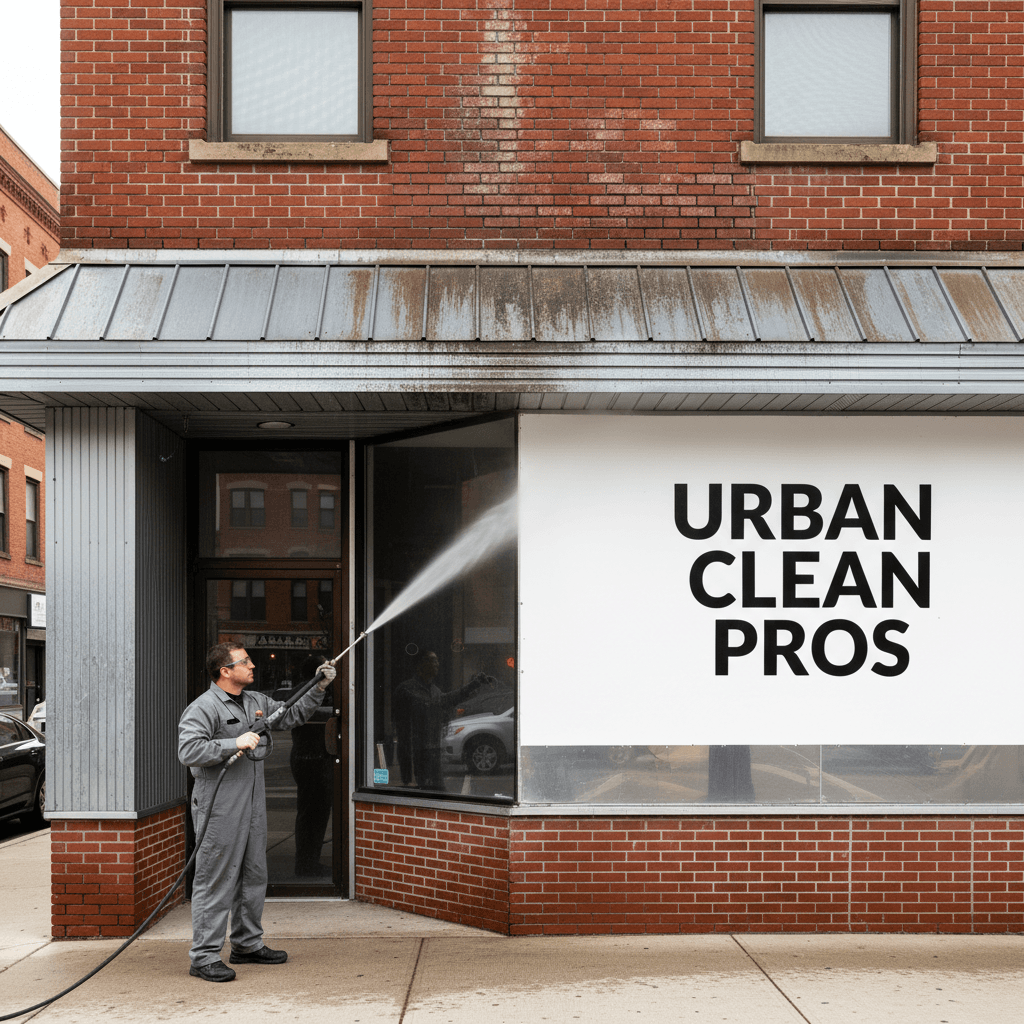 Commercial pressure washing service cleaning storefront brick and metal facade