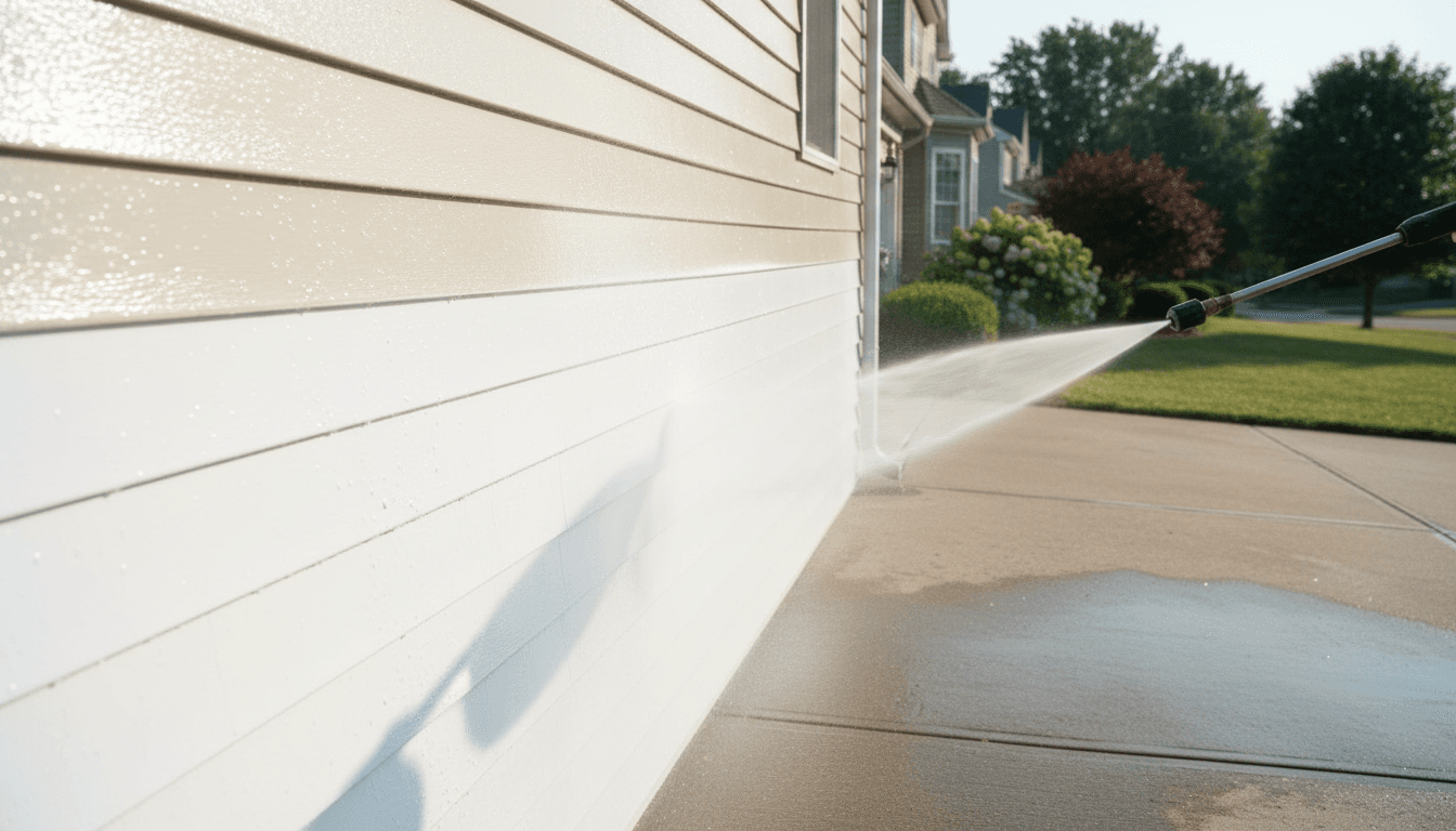 Freshly cleaned residential siding and driveway with professional pressure washing in progress