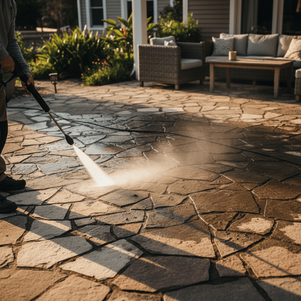 Technician pressure washing patio pavers during late afternoon cleaning service