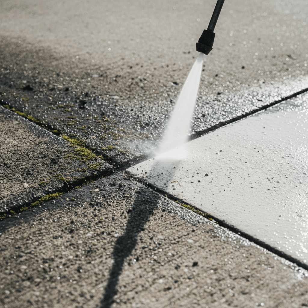 Pressure washing concrete driveway revealing clean surface underneath