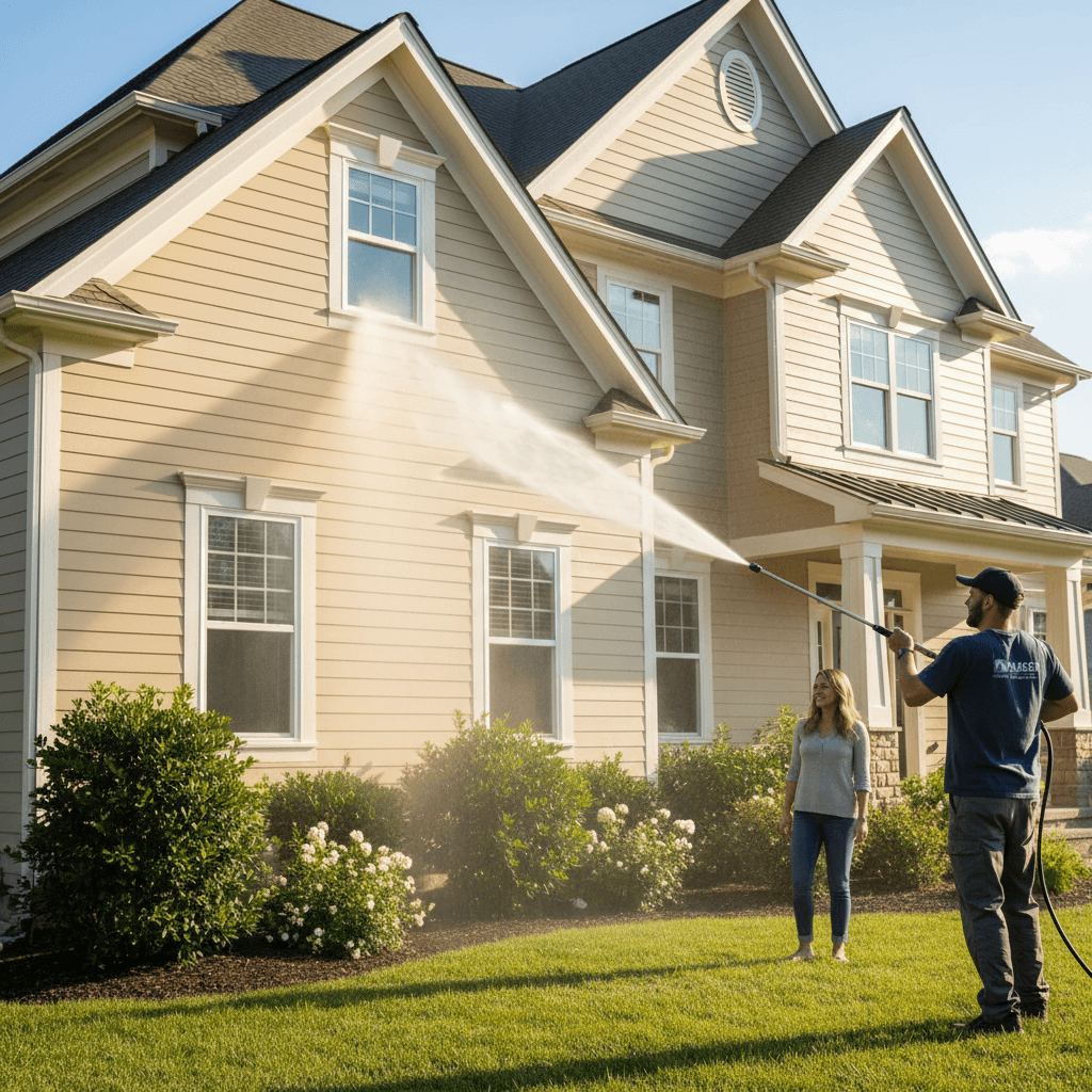 Pressure washing residential home exterior in Chappaqua