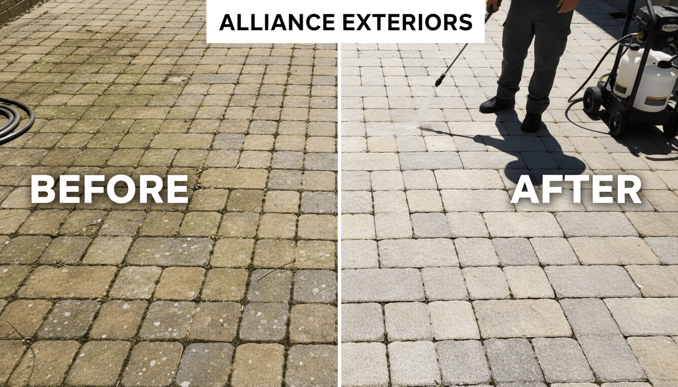 Soft washing results on patio or walkway surface