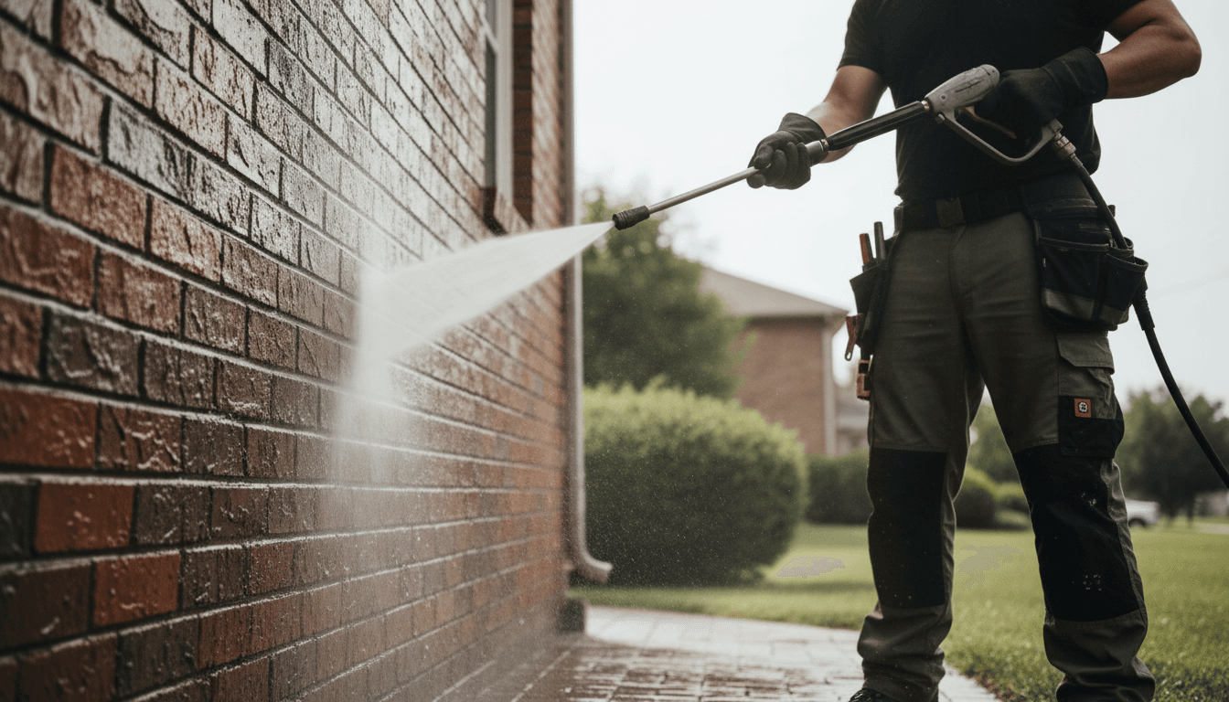 Pressure washing technician cleaning residential home siding