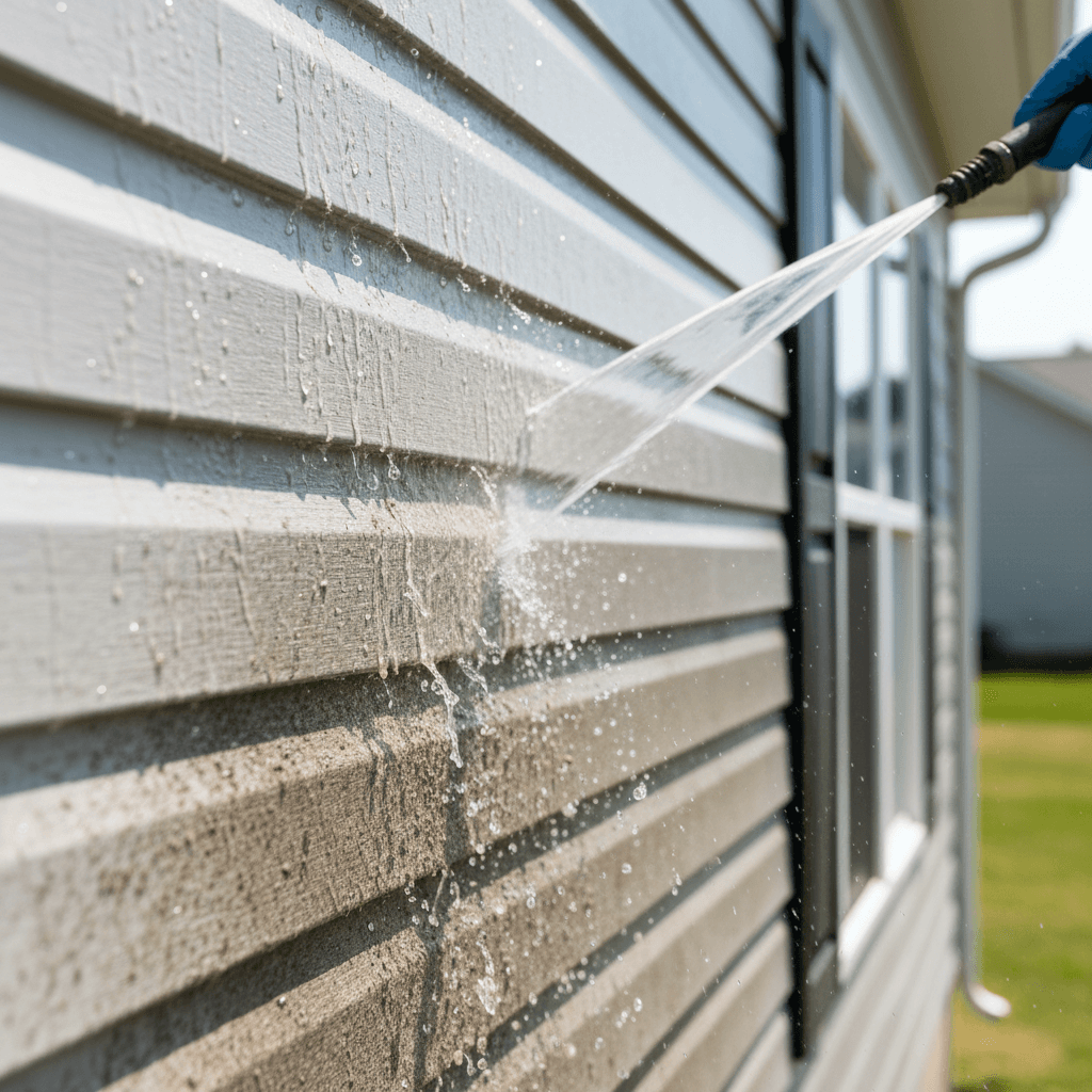 Soft washing solution being applied to vinyl siding to remove dirt and mildew