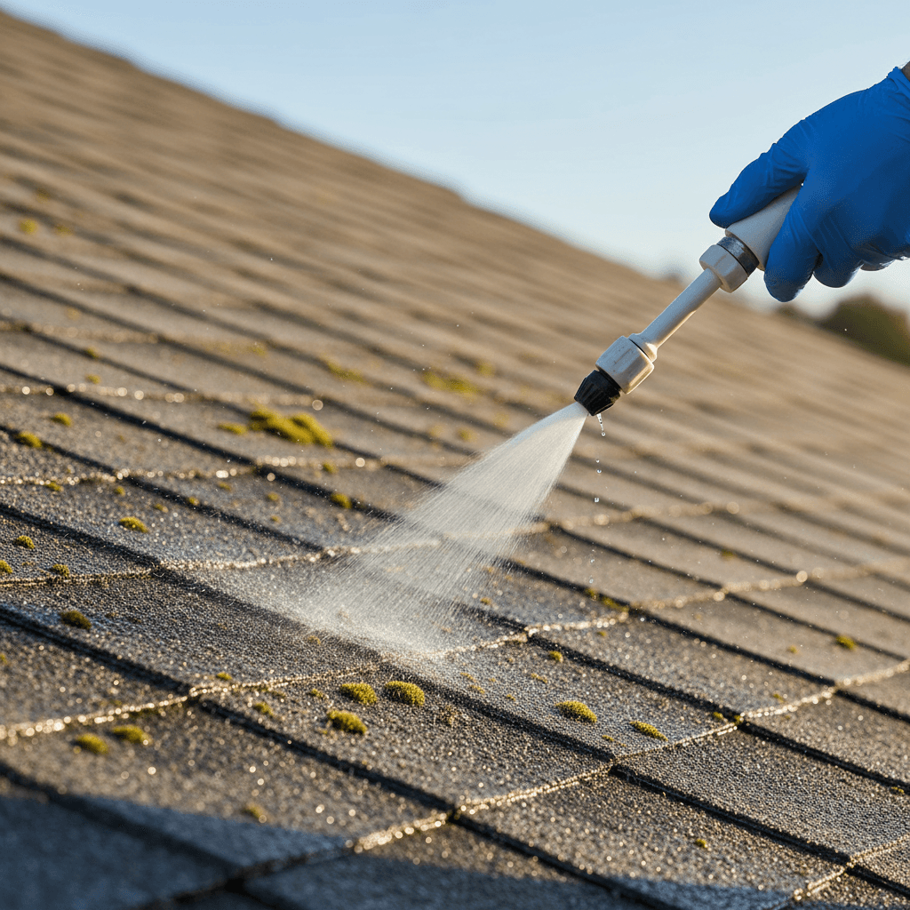 Technician soft washing roof to remove moss and algae stains