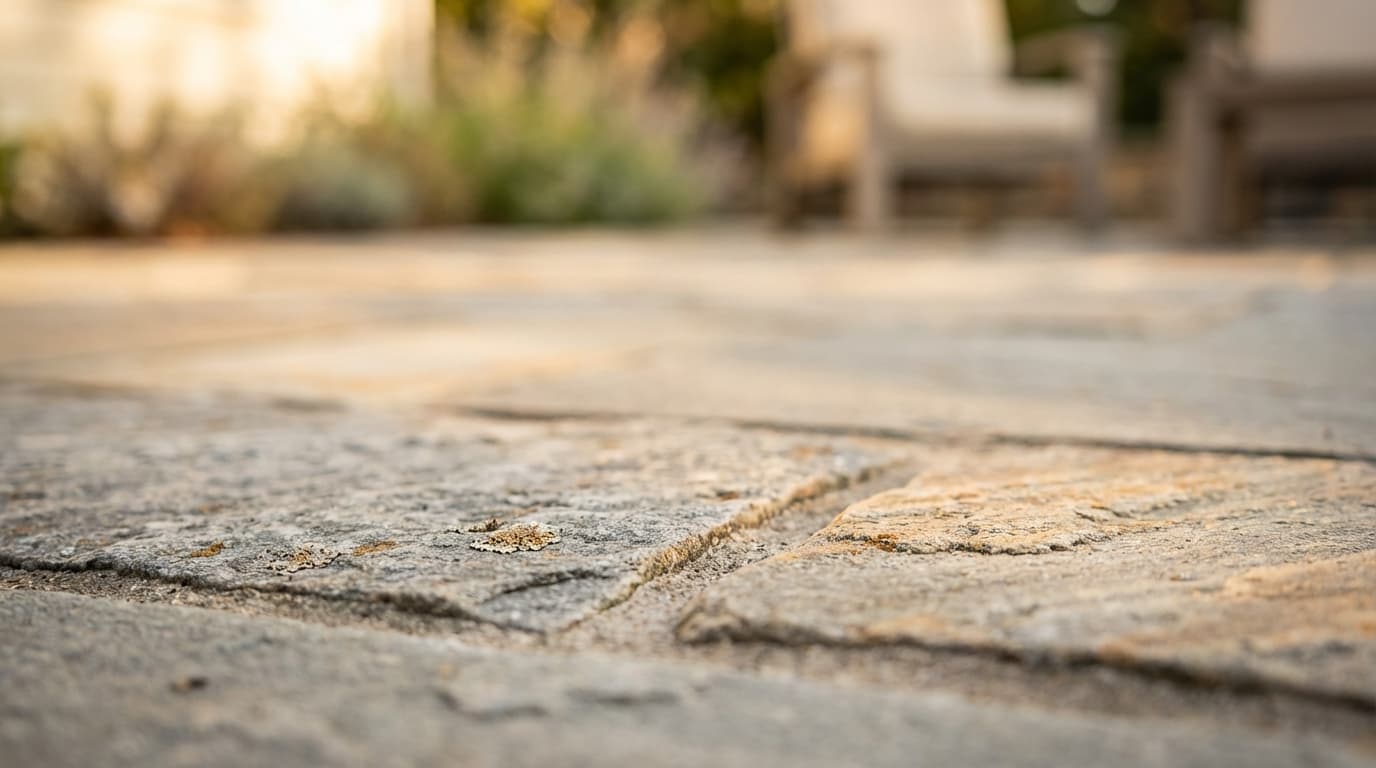 Soft washing a flagstone patio to remove algae and moss