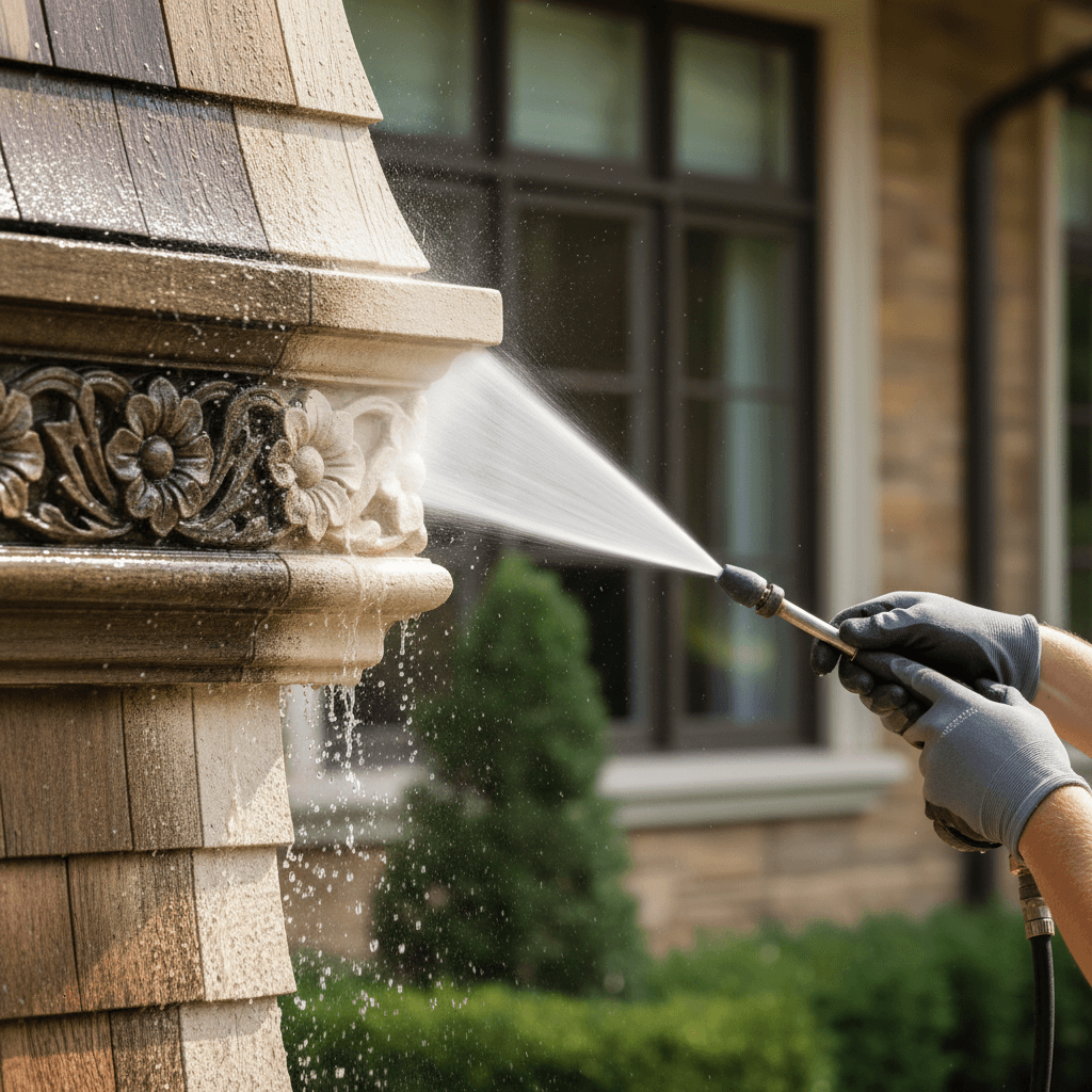 Pressure washing technician applying soft wash to residential siding