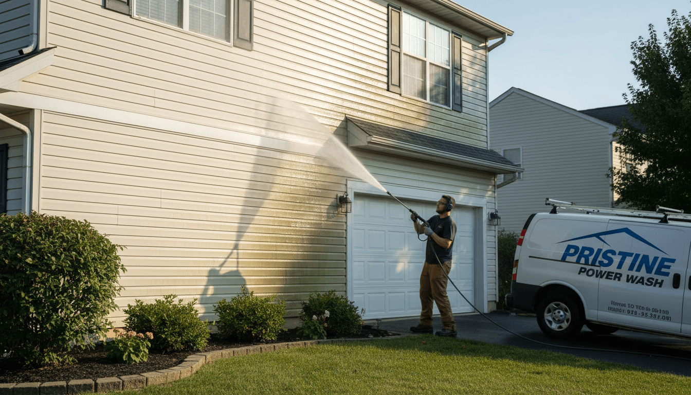 Pressure washing professional cleaning residential home siding with professional equipment in Chappaqua area